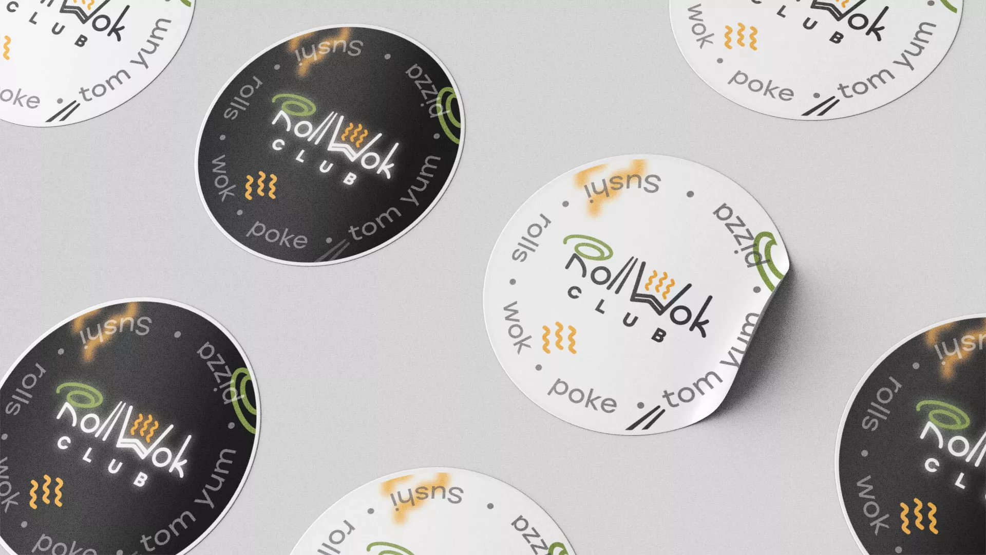 Разработка дизайна наклеек для суши-бара «Roll Wok Club» в Белом